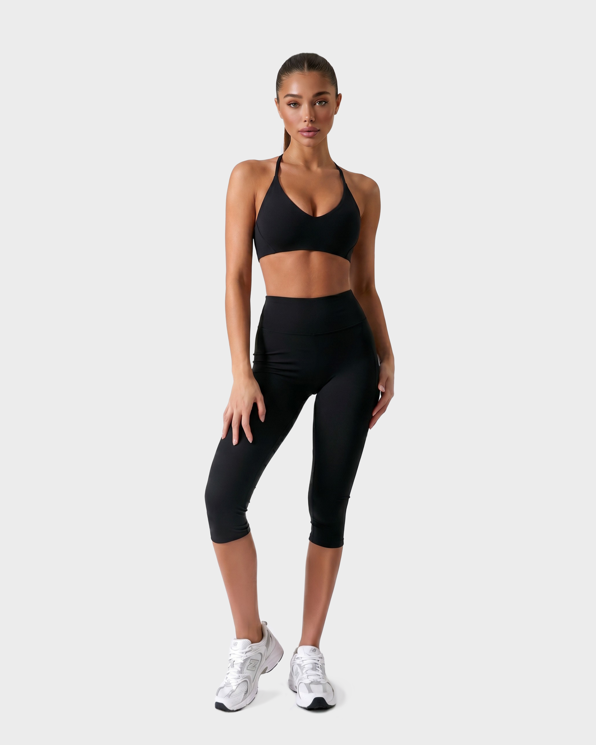 Amelie Halterneck Bra, Tee & Capri Leggings Set - Black