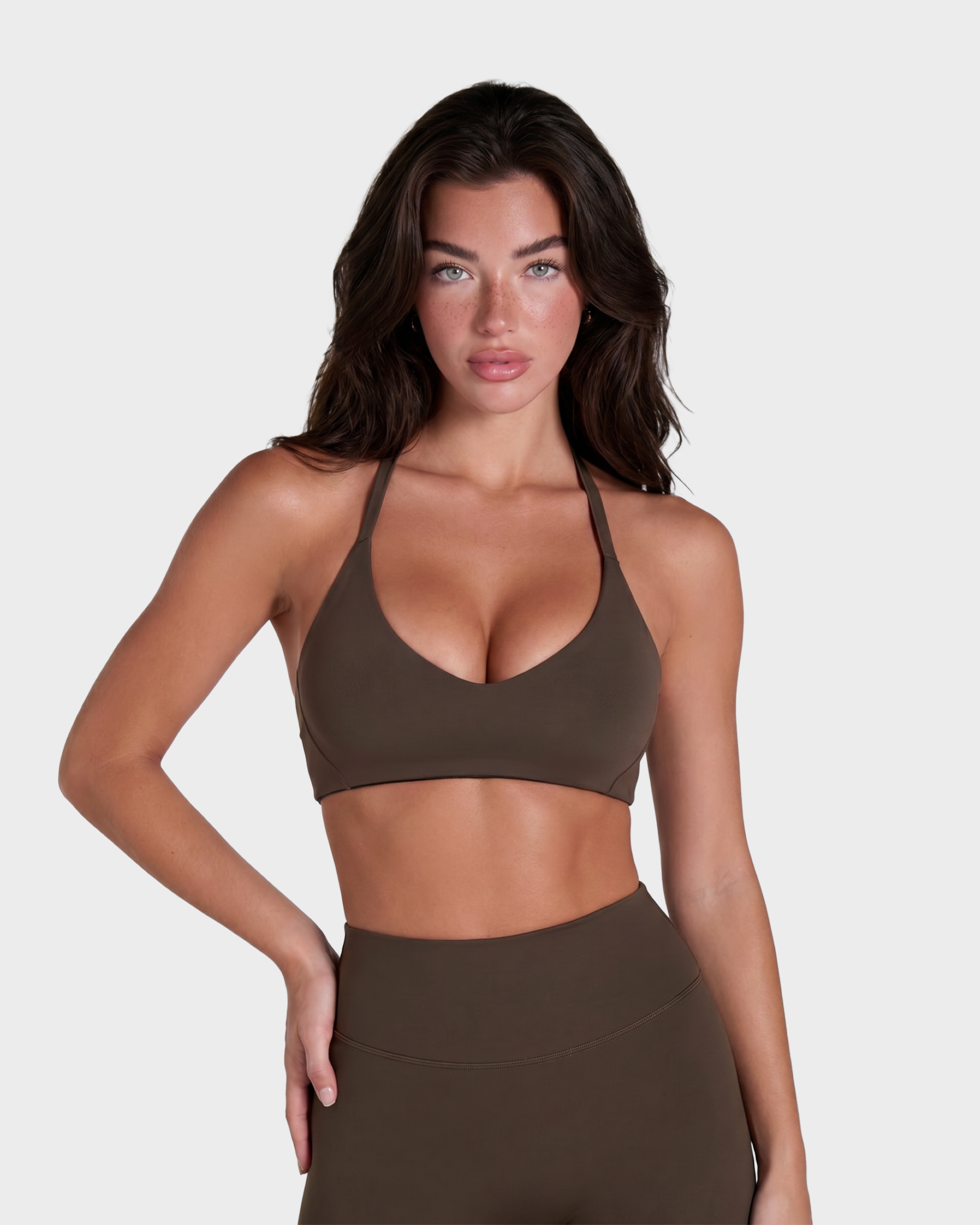 Amelie Halterneck Bra, Tee & Capri Leggings Set - Cocoa