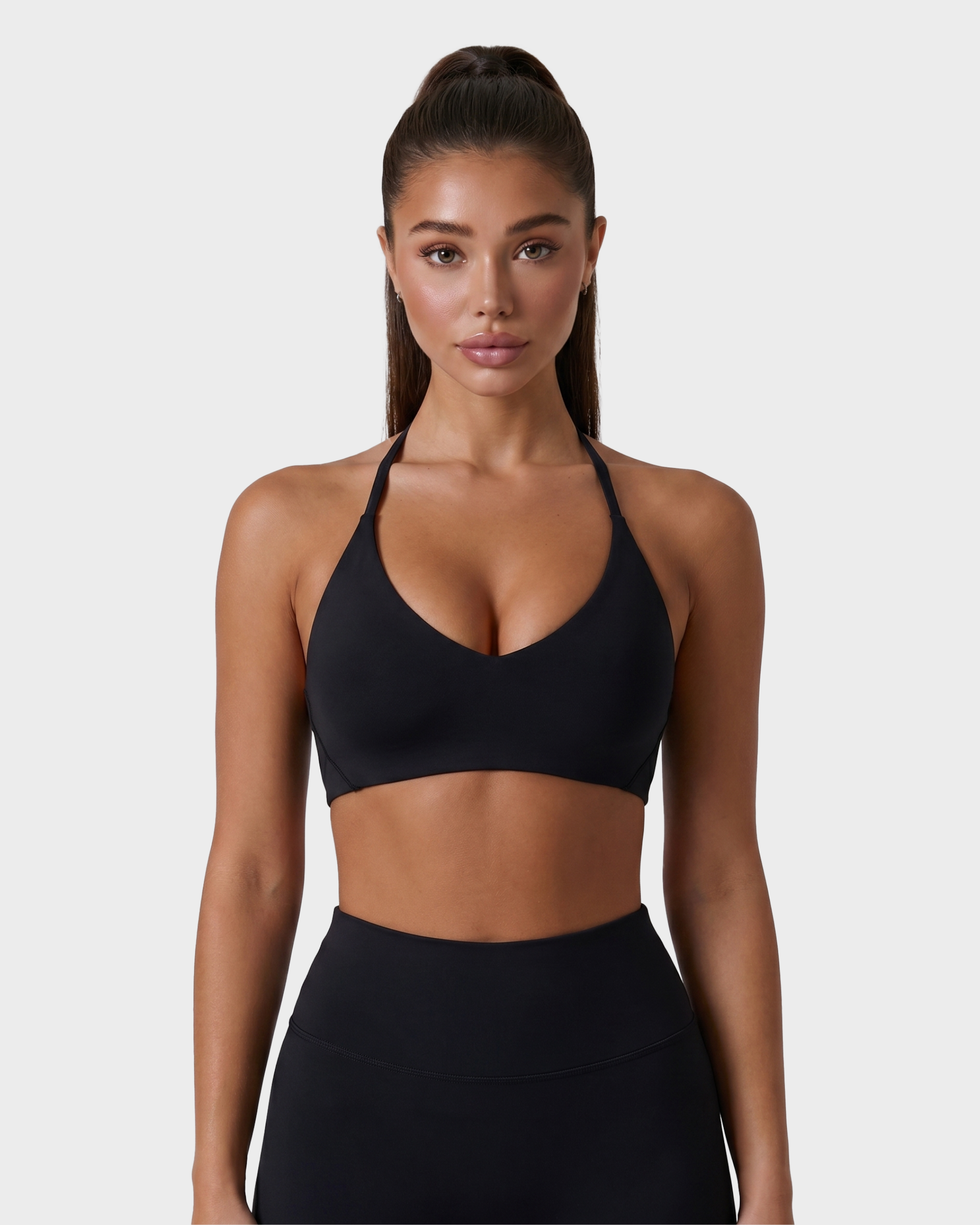 Amelie Halterneck Bra, Tee & Capri Leggings Set - Black