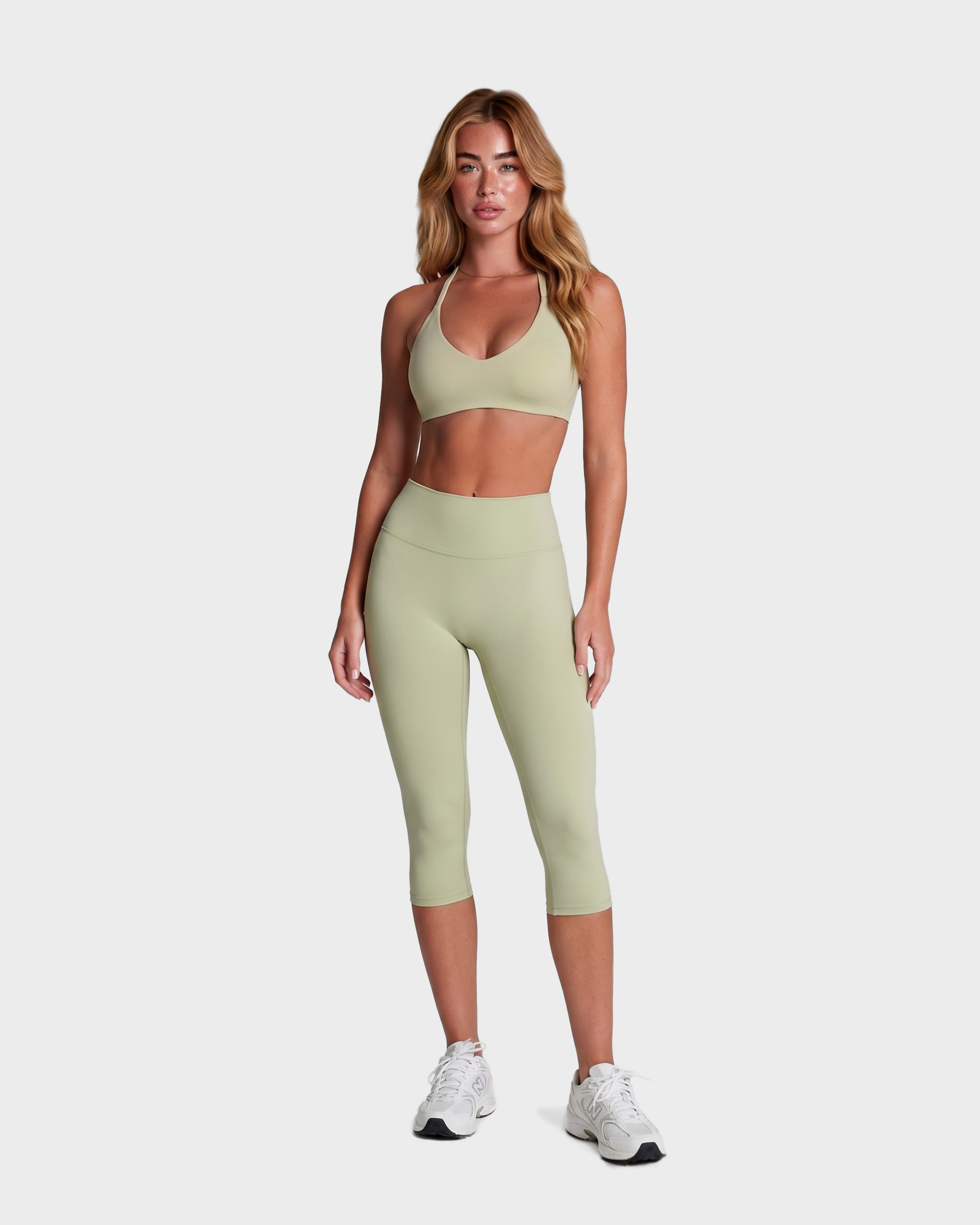 Amelie Halterneck Bra, Tee & Capri Leggings Set - Sage